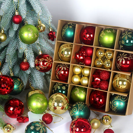 Grey and champagne gold 44-Piece Assorted Christmas Baubles Set with Elegant Designs in Wooden Gift Box - 3-6cm Decorative Ornaments for Tree, Home & Holiday Display