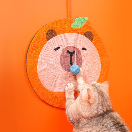 Fruit-Themed Capybara Cat Scratching Pad - Sisal Rope, EVA Non-Slip Backing, Hanging or Floor Use(yellow)
