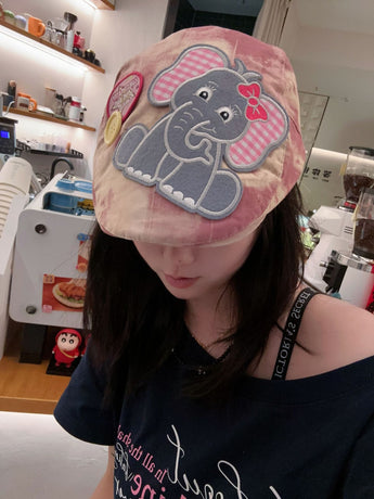 Cute Elephant Applique Beret Hat - Soft Fabric, Adjustable Fit, Retro Newsboy Cap(blue)