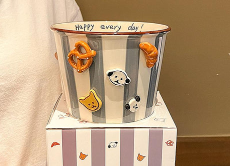 Charming Striped Ceramic Instant Noodle Bowl with 3D Accents & Happy every day!