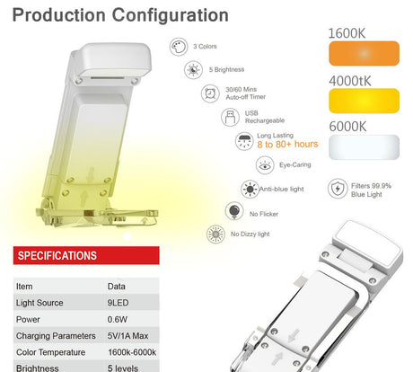 Portable Clip-On LED Reading Light - USB Rechargeable, 3 Color Modes & 5 Brightness Levels(white)