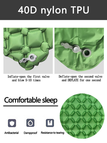 2pc Ultralight Inflatable Camping Sleeping Mat with Integrated Pillow - Waterproof 40D Nylon TPU(Army Green)