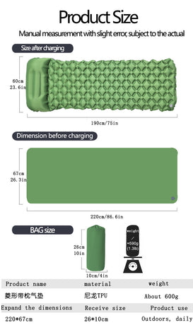 2pc Ultralight Inflatable Camping Sleeping Mat with Integrated Pillow - Waterproof 40D Nylon TPU(Camouflage)