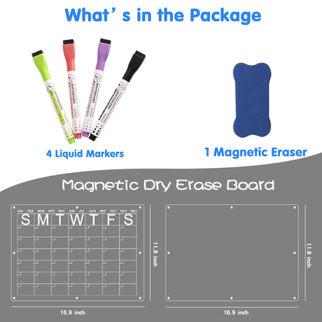 Magnetic Acrylic Fridge Calendar & Memo Board Set - Dry Erase Planner with Markers & Eraser(43*30cm 3mm)
