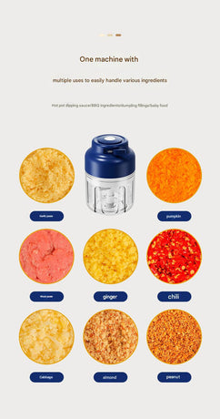 Powerful Mini Electric Food Chopper - USB Rechargeable Cordless Garlic & Meat Mincer(Blue 250ml + 4-blade knife)