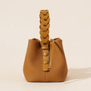 Genuine Leather Mini Bucket Bag with Braided Handle - Chic Drawstring Crossbody Purse(Biscuit)