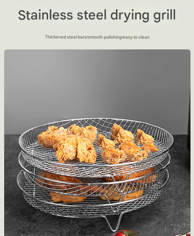 Silver 3-Pack Stackable Air fryer Racks - Food Grade Stainless Steel Multi-Layer Dehydrator & Crisper Tray Accessory