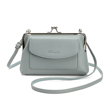 Blue Women's Vintage Kiss Lock Crossbody Bag - PU Leather Clutch Purse with Detachable Strap