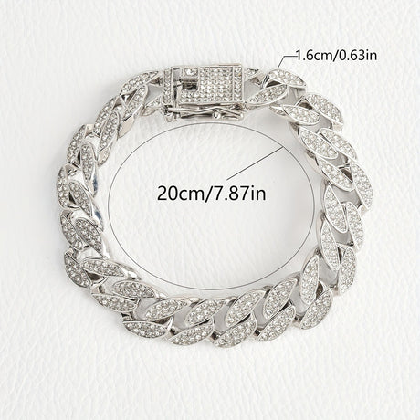 Silver 16mm Iced Out Cuban Link Bracelet - Heavy Paved Rhinestone Hip Hop Chain for Men