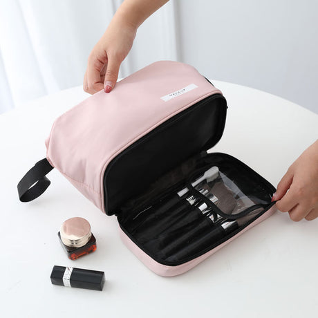Grey Chic Dual-Compartment Makeup & Toiletry Bag - Large Capacity Travel Organizer with Brush Holder