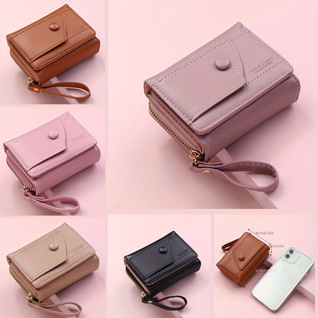 Brown Chic Compact Trifold Wallet for Women - PU Leather Card Holder with Zipper Coin Purse & Wristlet Strap