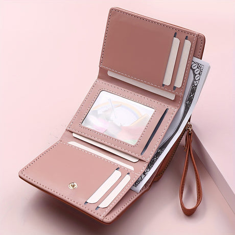 Brown Chic Compact Trifold Wallet for Women - PU Leather Card Holder with Zipper Coin Purse & Wristlet Strap