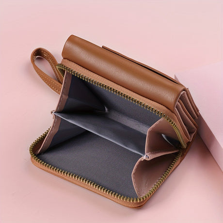 Khaki Chic Compact Trifold Wallet for Women - PU Leather Card Holder with Zipper Coin Purse & Wristlet Strap
