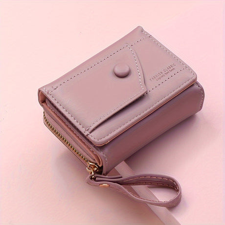 Pink Chic Compact Trifold Wallet for Women - PU Leather Card Holder with Zipper Coin Purse & Wristlet Strap