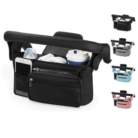 Black Universal Stroller Organiser Caddy with Insulated Cup Holders and Detachable Wristlet