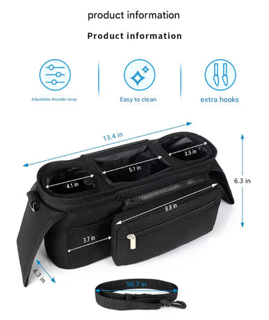 Black and Gray Stitching Universal Stroller Organiser Caddy with Insulated Cup Holders and Detachable Wristlet