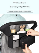 Black and Pink Stitching Universal Stroller Organiser Caddy with Insulated Cup Holders and Detachable Wristlet