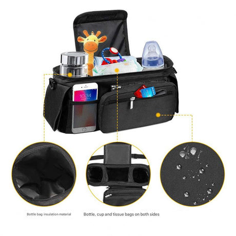 Pink and Black Stitching Universal Stroller Organiser Caddy with Insulated Cup Holders and Detachable Wristlet