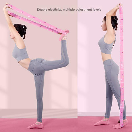 Dark Blue Instructional Yoga Stretch Strap with Embroidered Pose Guide - 11-Loop Flexibility Band