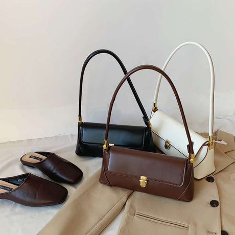 Beige Elegant Vintage Baguette Shoulder Bag - Chic PU Leather Underarm Purse with Gold Clasp