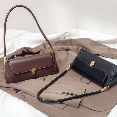 Beige Elegant Vintage Baguette Shoulder Bag - Chic PU Leather Underarm Purse with Gold Clasp