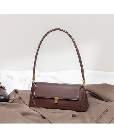 Beige Elegant Vintage Baguette Shoulder Bag - Chic PU Leather Underarm Purse with Gold Clasp