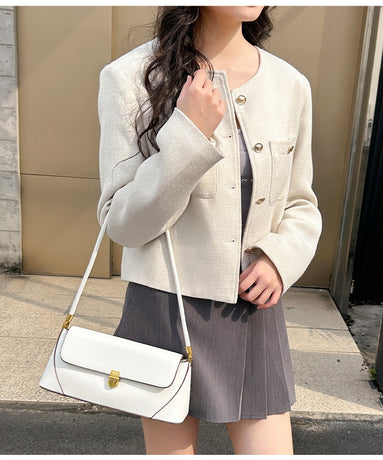 Beige Elegant Vintage Baguette Shoulder Bag - Chic PU Leather Underarm Purse with Gold Clasp