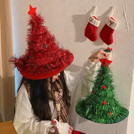 Green Sparkly Tinsel Christmas Tree Hat - Festive Holiday Party Headwear for Adults & Kids