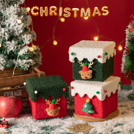 White and Green Luxe Plush Christmas Gift Box - Decorative Holiday Treat Box with Snowy Trim