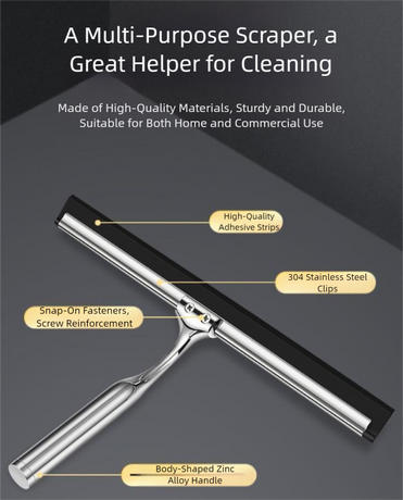 Silver Premium Stainless Steel Shower Squeegee with Adhesive Hook Holder - Streak-Free Blade for Glass Doors, Windows & Mirrors