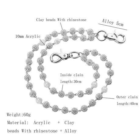 Silver and White Bling Rhinestone Beaded Wallet Chain - Double Layer Hip Hop Trouser Chain Jean Accessory(60g）