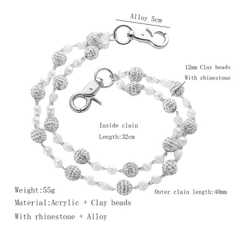 Silver and White Bling Rhinestone Beaded Wallet Chain - Double Layer Hip Hop Trouser Chain Jean Accessory(55g）