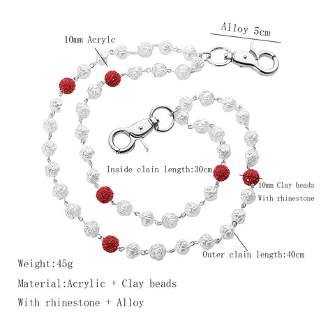 Red and White Bling Rhinestone Beaded Wallet Chain - Double Layer Hip Hop Trouser Chain Jean Accessory(45g）