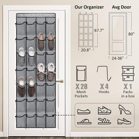 Black Over the Door Shoe Organizer with 24 Mesh Pockets - Space Saving Hanging Storage for Shoes, Accessories, Pantry