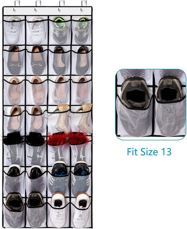 White Over the Door Shoe Organizer with 24 Mesh Pockets - Space Saving Hanging Storage for Shoes, Accessories, Pantry