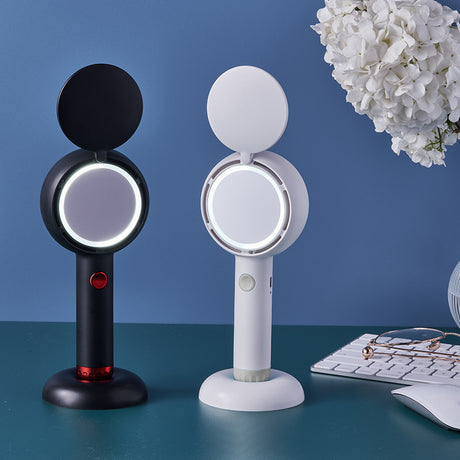White 2-in-1 Handheld Fan with LED Makeup Mirror - Portable USB Rechargeable Beauty Light Fan with Desktop Base - 3 Speed Quiet Airflow for Travel & Summer