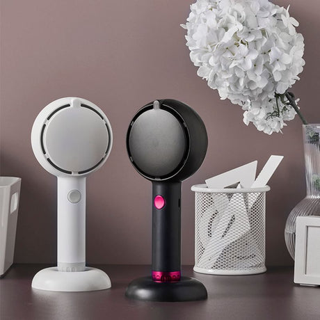 Black 2-in-1 Handheld Fan with LED Makeup Mirror - Portable USB Rechargeable Beauty Light Fan with Desktop Base - 3 Speed Quiet Airflow for Travel & Summer