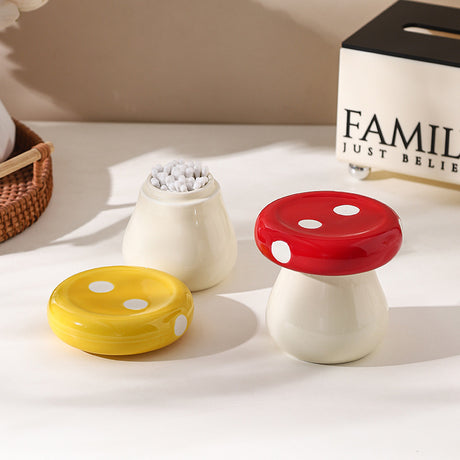 Yellow Stylish Mushroom Ceramic Toothpick Holder and Cotton Swab Jar for Home Kitchen Table Decor(Excluding cotton swabs, dental floss, etc.)