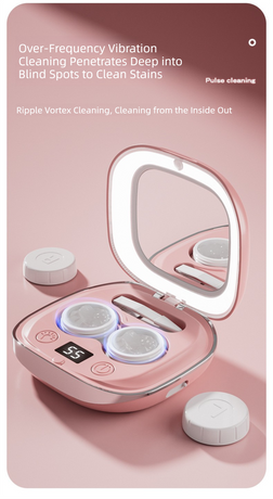Grey Portable Sonic Wave Contact Lens Cleaner with LED Makeup Mirror - Automatic Electric Lens Cleaning Case for Daily Use