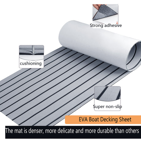 Grey Striped EVA Boat Deck Mat - Waterproof Non-Slip Flooring for Yacht, Boat, and Outdoor Use(2400x300x6mm)