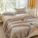Grey and Orange Cotton Three-Layer Gauze Bed Cover Set - Reversible Vintage Printed Blanket with Two Pillowcases for Year-Round Use(150*200cm)