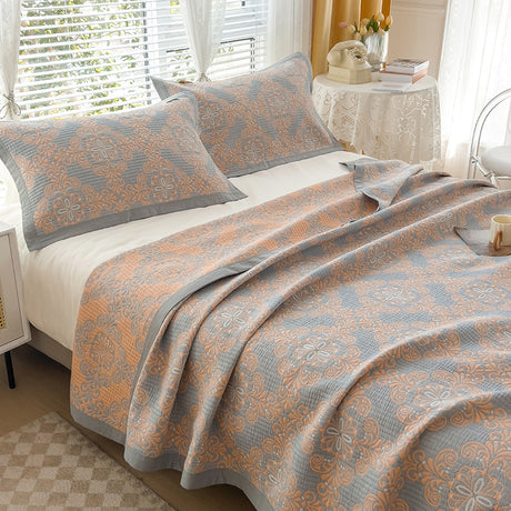Grey and Orange Cotton Three-Layer Gauze Bed Cover Set - Reversible Vintage Printed Blanket with Two Pillowcases for Year-Round Use(150*200cm)