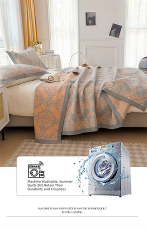Grey and Orange Cotton Three-Layer Gauze Bed Cover Set - Reversible Vintage Printed Blanket with Two Pillowcases for Year-Round Use(200*230cm)