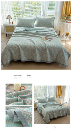 Grey and Green Cotton Three-Layer Gauze Bed Cover Set - Reversible Vintage Printed Blanket with Two Pillowcases for Year-Round Use(120*150cm)