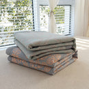 Grey and Green Cotton Three-Layer Gauze Bed Cover Set - Reversible Vintage Printed Blanket with Two Pillowcases for Year-Round Use(150*200cm)