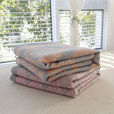 Grey and Pink Cotton Three-Layer Gauze Bed Cover Set - Reversible Vintage Printed Blanket with Two Pillowcases for Year-Round Use(150*200cm)
