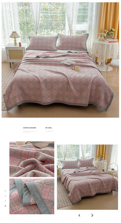 Grey and Pink Cotton Three-Layer Gauze Bed Cover Set - Reversible Vintage Printed Blanket with Two Pillowcases for Year-Round Use(200*230cm)