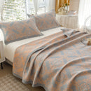 Grey and Pink Cotton Three-Layer Gauze Bed Cover Set - Reversible Vintage Printed Blanket with Two Pillowcases for Year-Round Use(200*230cm)