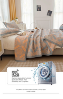 Grey and Pink Cotton Three-Layer Gauze Bed Cover Set - Reversible Vintage Printed Blanket with Two Pillowcases for Year-Round Use(200*230cm)