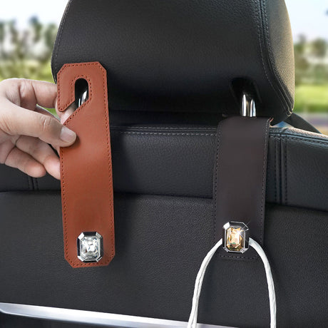 Black Car Multi-Functional PU Leather Hook with Crystal Decoration – Hidden Storage Hook for Front and Rear Seats (Set of 2)